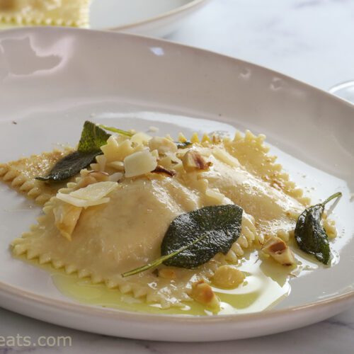 Pumpkin ravioli with browned butter and sage.