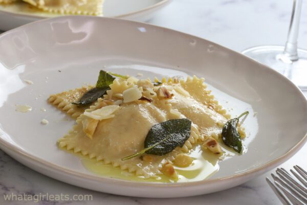 Pumpkin ravioli with browned butter and sage.
