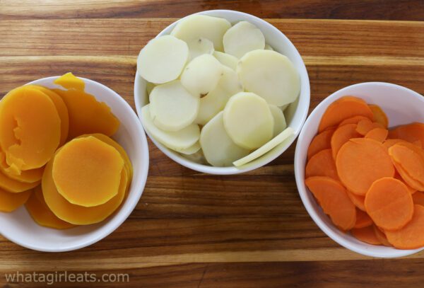 cooked, sloced vegetables.