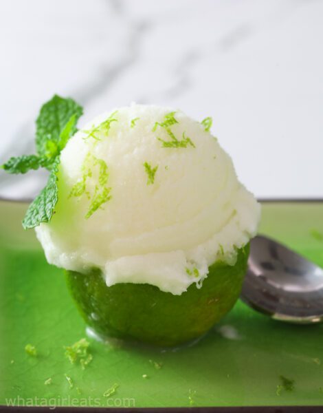 lime sherbet in lime half.