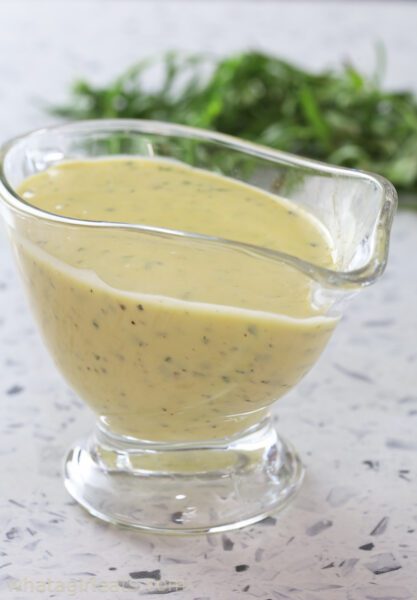 Tarragon aioli in gravy boat.