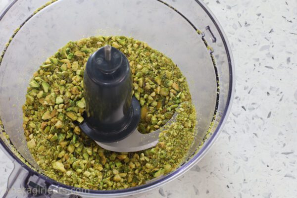 chopping pistachios in food processor.