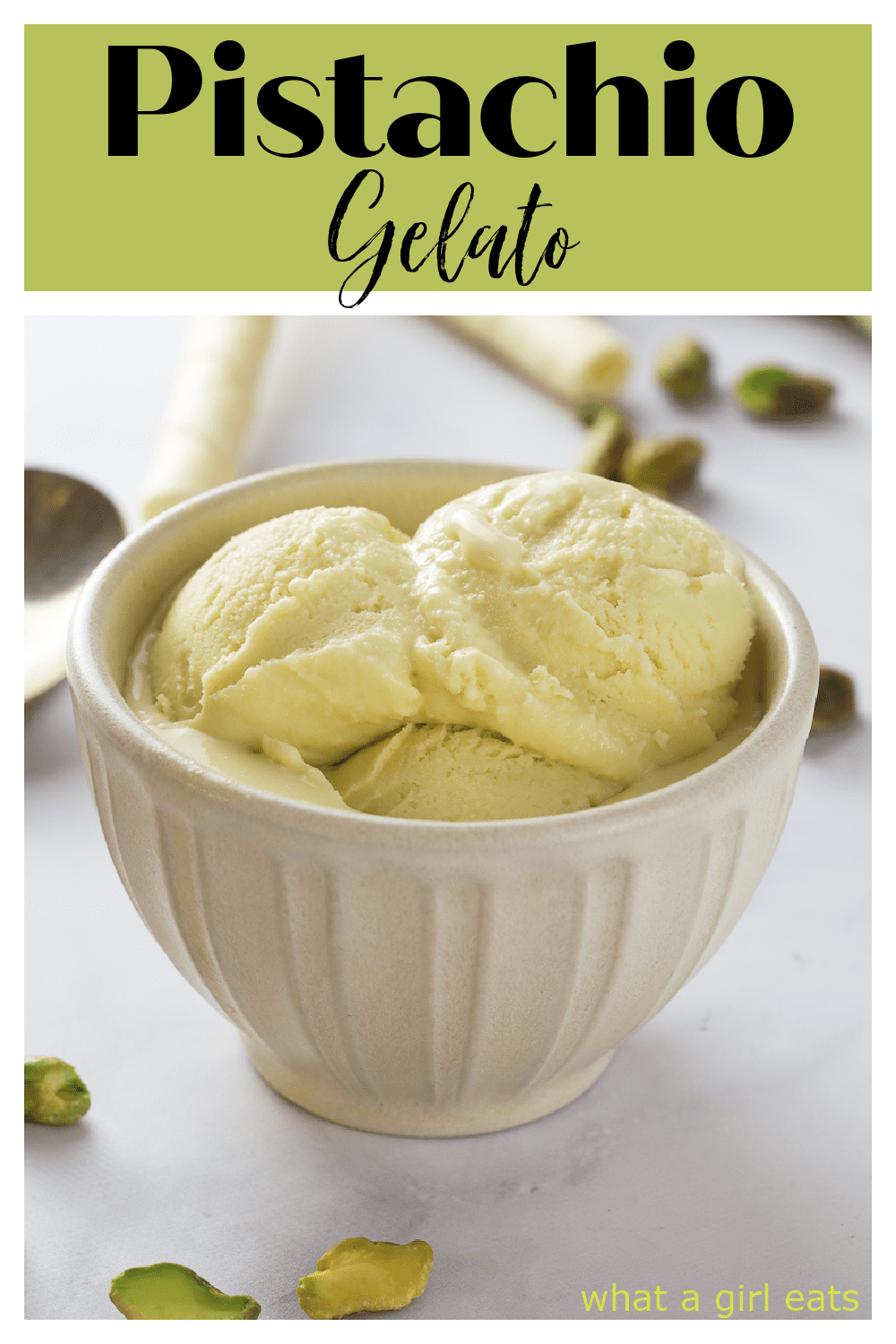 Pistachio gelato is rich and creamy and full of pistachio flavor. It will remind you of the perfect scoop in an Italian gelato shop.