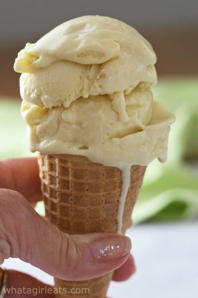 pistachio gelato in cone.