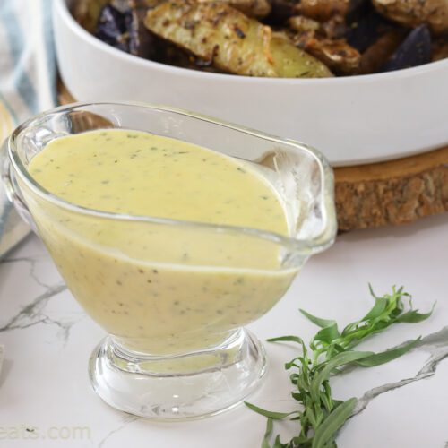tarragon aioli in gravy boat.