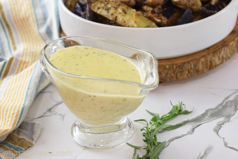 tarragon aioli in gravy boat.
