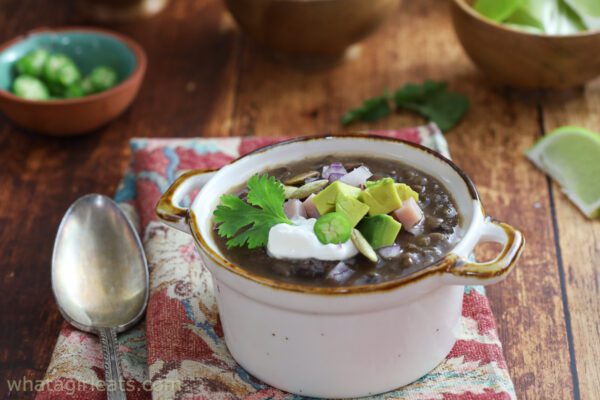 closeup of black bean soup.