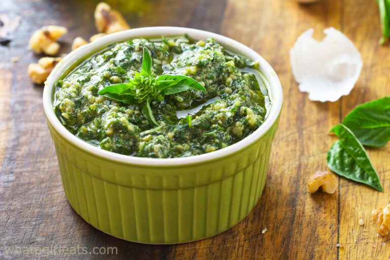 walnut pesto recipe in green container.