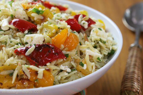 close up orzo salad.