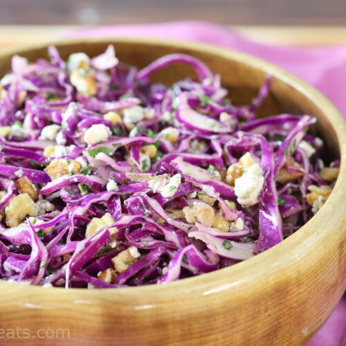 red cabbage slaw with gorgonzola and walnuts.