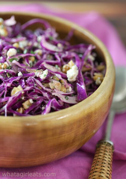 vertical red cabbage slaw.