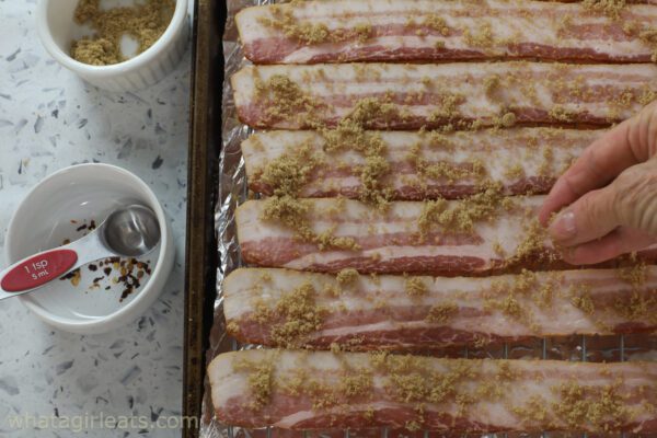 sprinkling brown sugar on bacon.