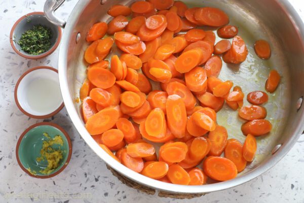 glazed carrots in sauce pan.