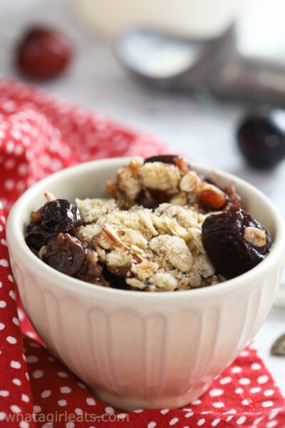 cherry crisp in small dish.