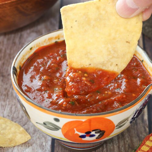 salsa roja with chip.