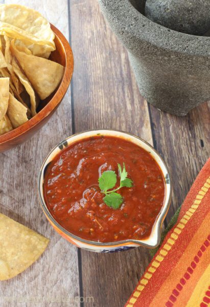 Vertical shot of salsa roja.