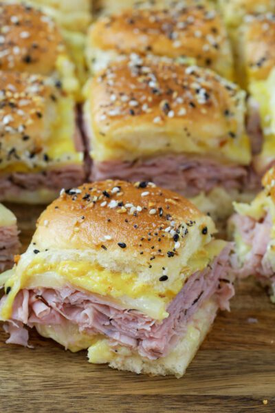 Vertical ham and cheese sliders.