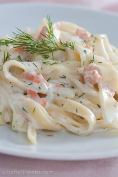 vertical tight shot of pasta with smoked salmon.