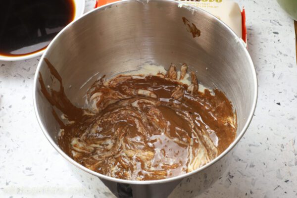 blending in mascarpone with chocolate.