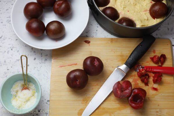 pitting plums slicing pitted plums.