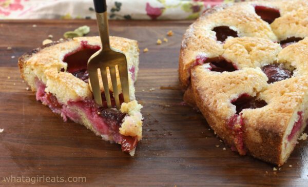 plum cake with fork.