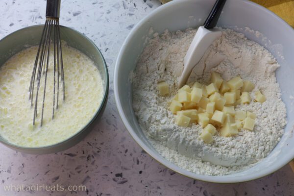 cubed cheese with flour.