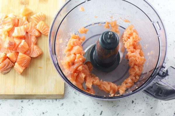 salmon in food processor.