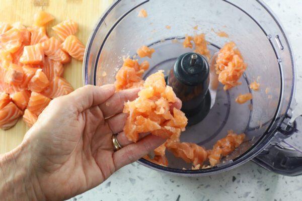 salmon in food processor bowl with hand.